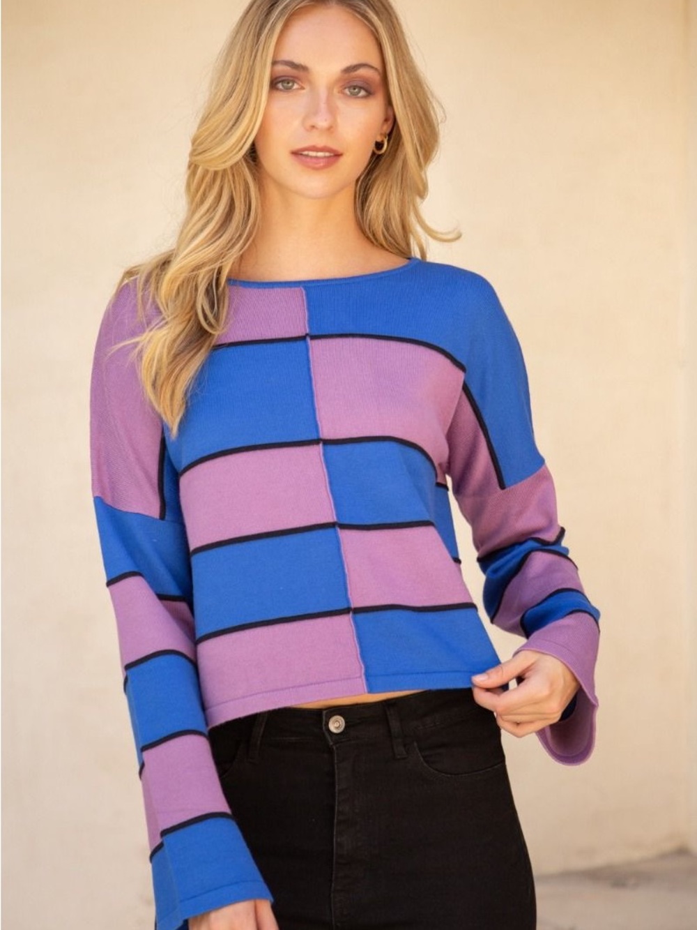 Colorblock Long Sleeve Top - Blue & Purple
